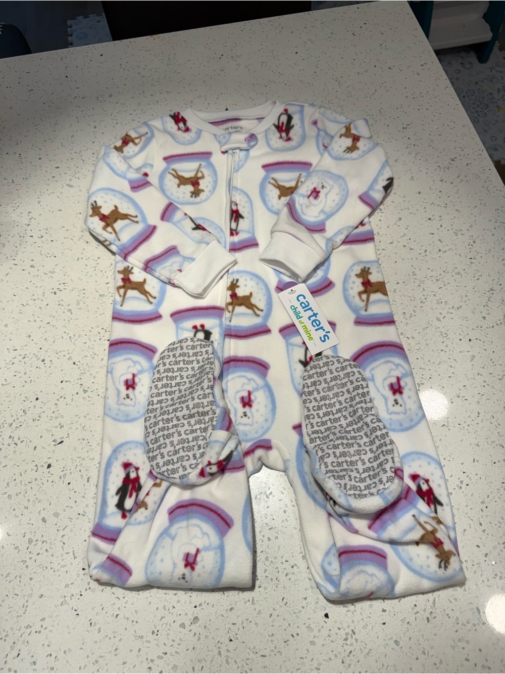Carter's White & Pink Reindeer Print Fleece One-Piece